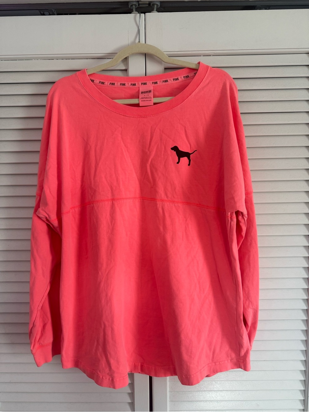 PINK Victoria's Secret Neon Coral Long Sleeve Pullover with Black Dog Logo